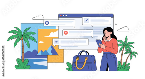 Woman checks travel updates on her smartphone while standing next to her luggage and palm trees, planning her upcoming tropical vacation.