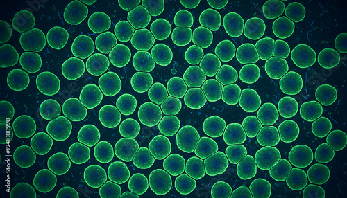 Fluorescent microscopic image of healthy human cells showing bright green cytoplasm and distinct dark blue nuclei, ideal for biological medical research. Microscopic Cellular Biology and Biomedical Re