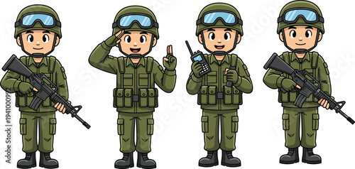 Cartoon soldier character set with rifle salute and radio communication isolated on white background military army illustration collection