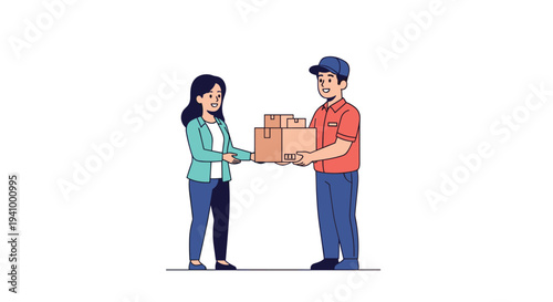 Smiling delivery man wearing a red uniform and blue cap hands over several cardboard boxes to a young woman in a green jacket.