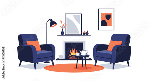 Beautiful living room interior features a cozy burning fireplace, two blue armchairs, and a small table with a white tea set.