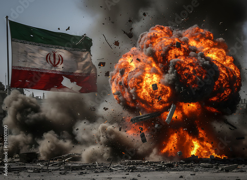 Explosion against the backdrop of the Iranian flag. Geopolitical Conflict & Sci-Fi Military