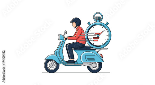 Fast delivery courier rides a blue scooter with a large stopwatch icon representing speed and efficiency in logistics.