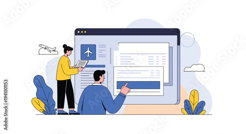 Two people use a massive web browser interface on a computer screen to search for flights and book their upcoming travel.