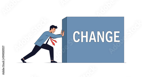 Businessman struggling to push a large blue cube with the word CHANGE emblazoned on its side illustrating effort towards transformation
