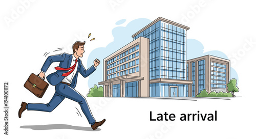 Stressed businessman in a blue suit and red tie runs quickly toward a modern glass office building while carrying a briefcase.