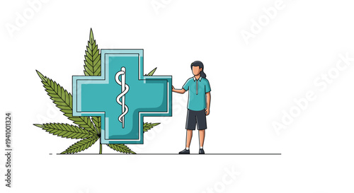 Young man stands next to a large medical cross symbol containing a caduceus, with a giant green cannabis leaf in the background.