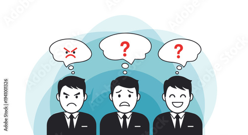 Three businessmen in black suits display angry, confused, and happy facial expressions with corresponding symbols in thought bubbles.