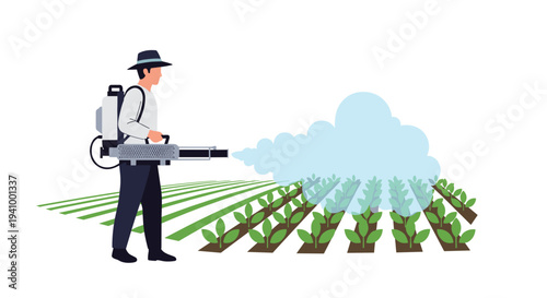 A farmer wearing a hat and protective gear spraying a white mist of pesticide over rows of green crops in an open agricultural field.