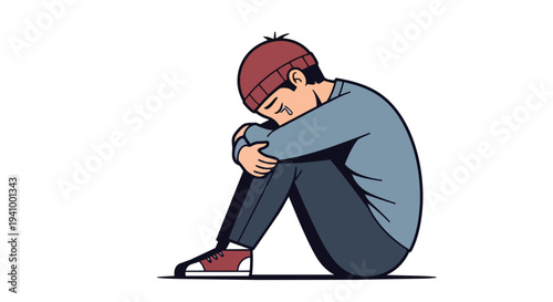 A Solitary Youngster Depicts Profound Sadness and Emotional Distress by Crouching and Weeping Vividly Against a Stark White Background