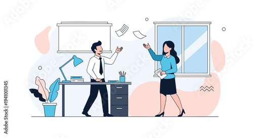 Man and woman in professional attire celebrate in an office setting by tossing papers into the air with joy and excitement.
