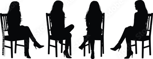 Elegant woman sitting on chair silhouette set, female seated poses collection, fashion model posture illustration isolated design