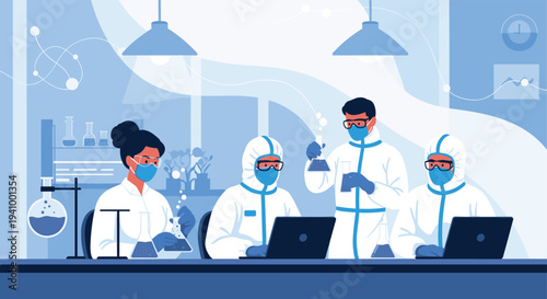 Group of diverse scientists wearing full protective gear and face masks works together in a modern laboratory with computers.