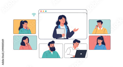 Computer screen displays a group video call with seven diverse people participating in an online meeting or webinar.