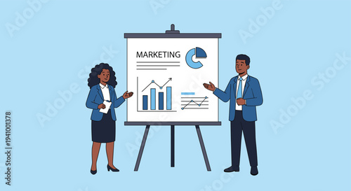 Professional man and woman stand on either side of a flipchart and present marketing data and charts to an audience.
