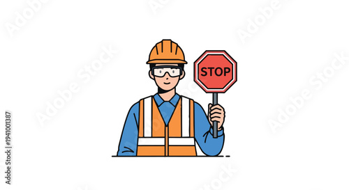 Worker in High Visibility Vest and Hard Hat Holds Up a Red Stop Sign Illustration