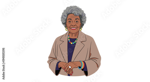 Elegant senior african american woman with gray hair wearing a brown coat and colorful accessories smiles at the camera.