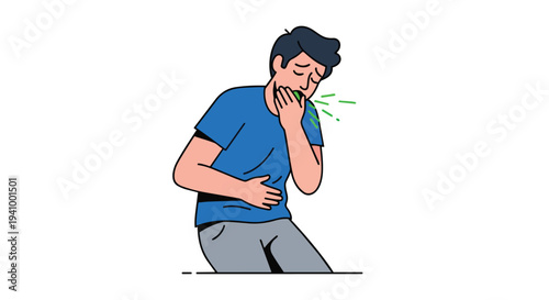 Person experiencing nausea and discomfort, holding stomach and covering mouth while feeling unwell