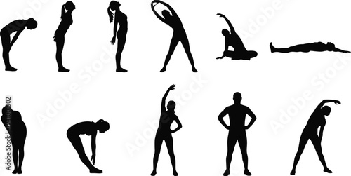 Fitness stretching exercise silhouettes set, men and women warming up body workout training flexibility isolated on white background