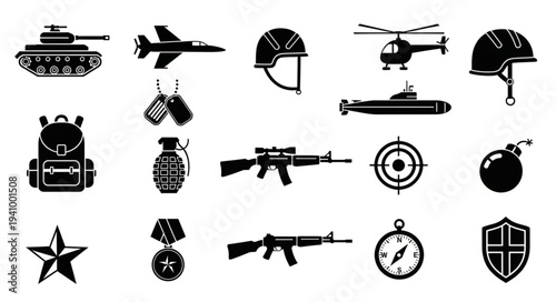Military Silhouette Icons Set – Tank, Fighter Jet, Helicopter, Submarine, Weapons and Army Equipment