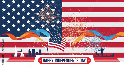 Patriotic illustration for Independence Day featuring the American flag, fireworks, and a city skyline silhouette.