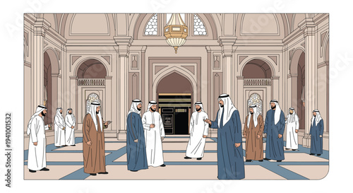 Large group of Arab men in traditional white and brown robes gathered inside a grand mosque with ornate architecture.