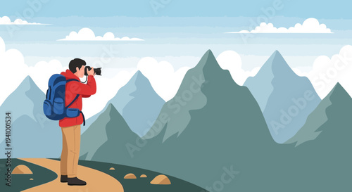 Adventurous hiker photographs majestic mountain range, capturing scenic landscape.