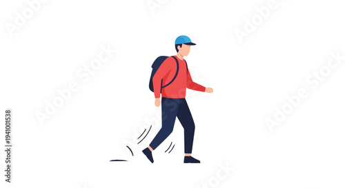 A stylized illustration of a person with a backpack walking with a sense of movement and determination against a plain backdrop