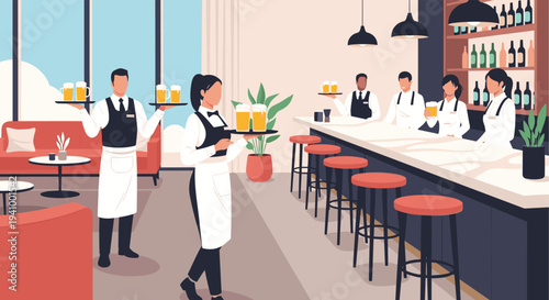 Team of professional waiters in uniform serving beer and drinks to customers in a modern restaurant or bar interior.