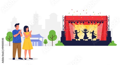 Audience applauds performers on stage with confetti during outdoor festival