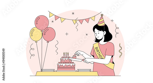 Birthday Celebration: Woman Cutting Cake with Candles, Balloons, and Party Hat