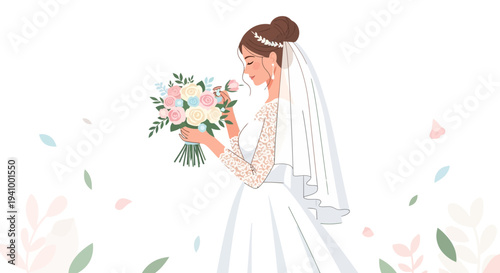 Beautiful bride in white dress holding a bouquet of flowers, wedding day, elegant, romantic, soft colors