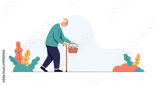 Elderly senior man with glasses walking with a cane and carrying a basket of products through a park setting.