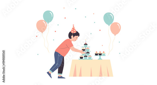 Boy arranging cupcakes on a tiered stand at a birthday party with balloons