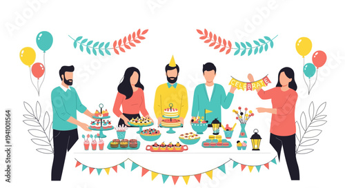 Birthday Party Celebration: Friends Gather Around a Decorated Table with Cake and Snacks