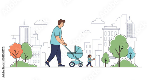Young father walking with a baby stroller in a city park while a small child walks nearby on a sunny day.