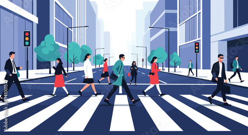 Group of diverse people in business and casual wear walking across a pedestrian crosswalk in a modern city.