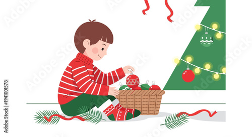 Boy Decorating Christmas Tree with Ornaments, Festive Holiday Season