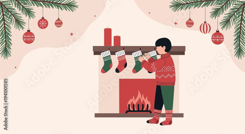 Boy hanging Christmas stockings on fireplace, festive holiday season, cozy home interior