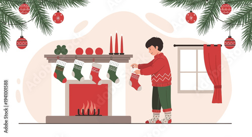 Boy hanging Christmas stocking on fireplace, festive holiday scene with decorated mantelpiece and fir branches