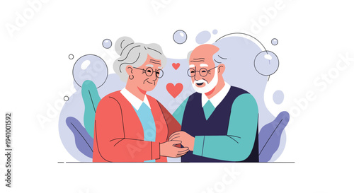 Affectionate elderly couple smiling and holding hands against a soft background with hearts and decorative elements.