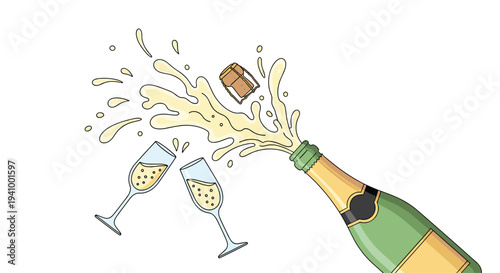 A green champagne bottle pops its cork with a large splash of liquid aimed toward two glass flutes on a white background.