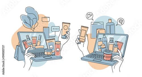 Professional hands holding skincare products and laptops displaying a wide variety of cosmetics for online shopping.