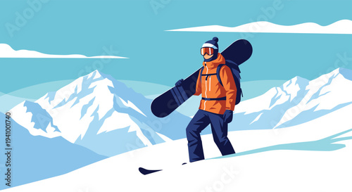 Snowboarder in orange gear carrying his board while standing on a snowy mountain peak under a clear blue sky.