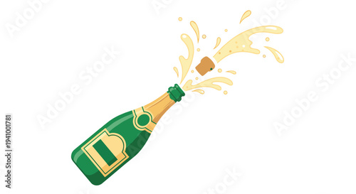 A green champagne bottle releases its cork with a stylized pale yellow liquid splash against a solid white background.