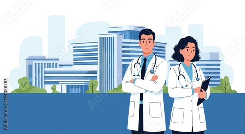Professional male and female doctors in white coats standing with arms crossed in front of a modern hospital building.