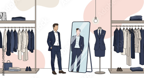 Elegant man looking at his reflection in a mirror while trying on a new suit in a boutique clothing store.