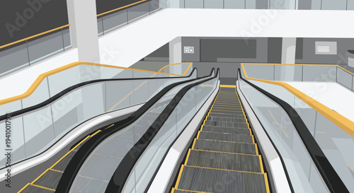 Perspective view looking down a modern escalator in an empty shopping mall or public transport station.