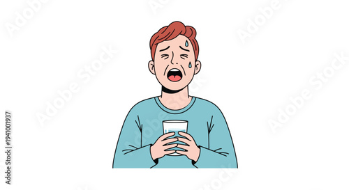 Overheated distressed person desperately grasping a cool refreshing glass of water amid a stressful situation conveying intense thirst and discomfort
