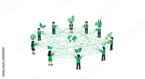 An isometric vector illustration depicting a global network of people in green shirts connected by lines to a central earth globe icon.